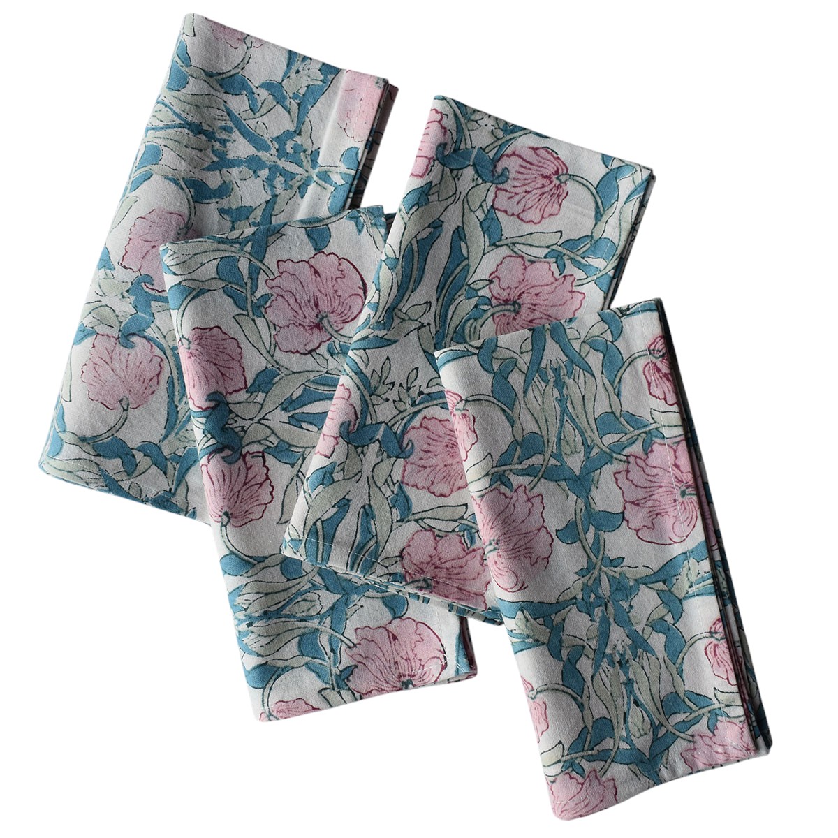Hand Block Printed Cotton Napkin 45x45 cms Set of 4 Napkins  Bauhaus Pink Flower 601774