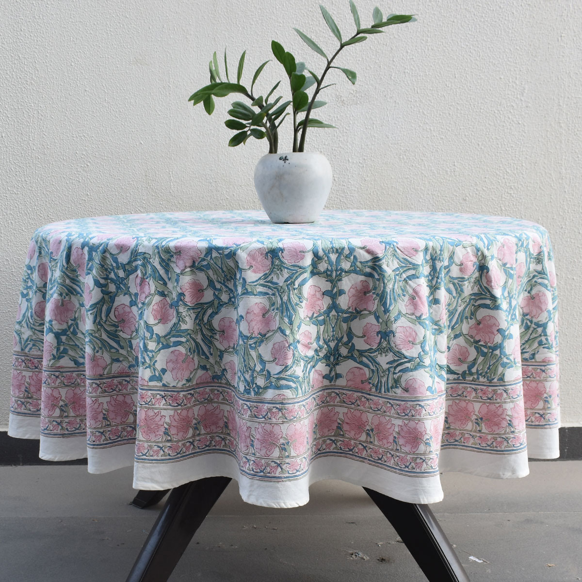 Hand Block Printed Cotton Round Tablecloth 150 cms  Bauhaus Pink Flower 601774