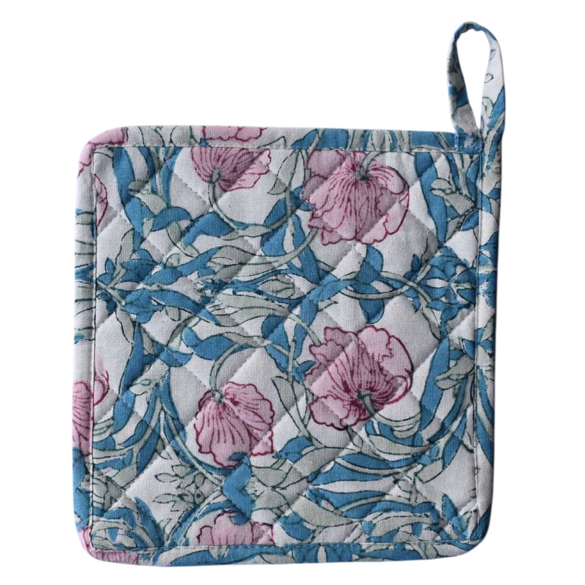 Artisan-Made Hand Block Printed Oven Mitt and Pot Holder Set Bauhaus Pink Flower 601774