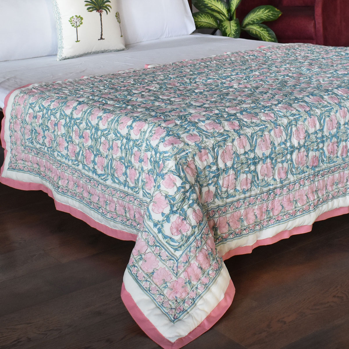 Hand Block Printed Cotton Twin Size Quilt Bauhaus Pink Flower 601774