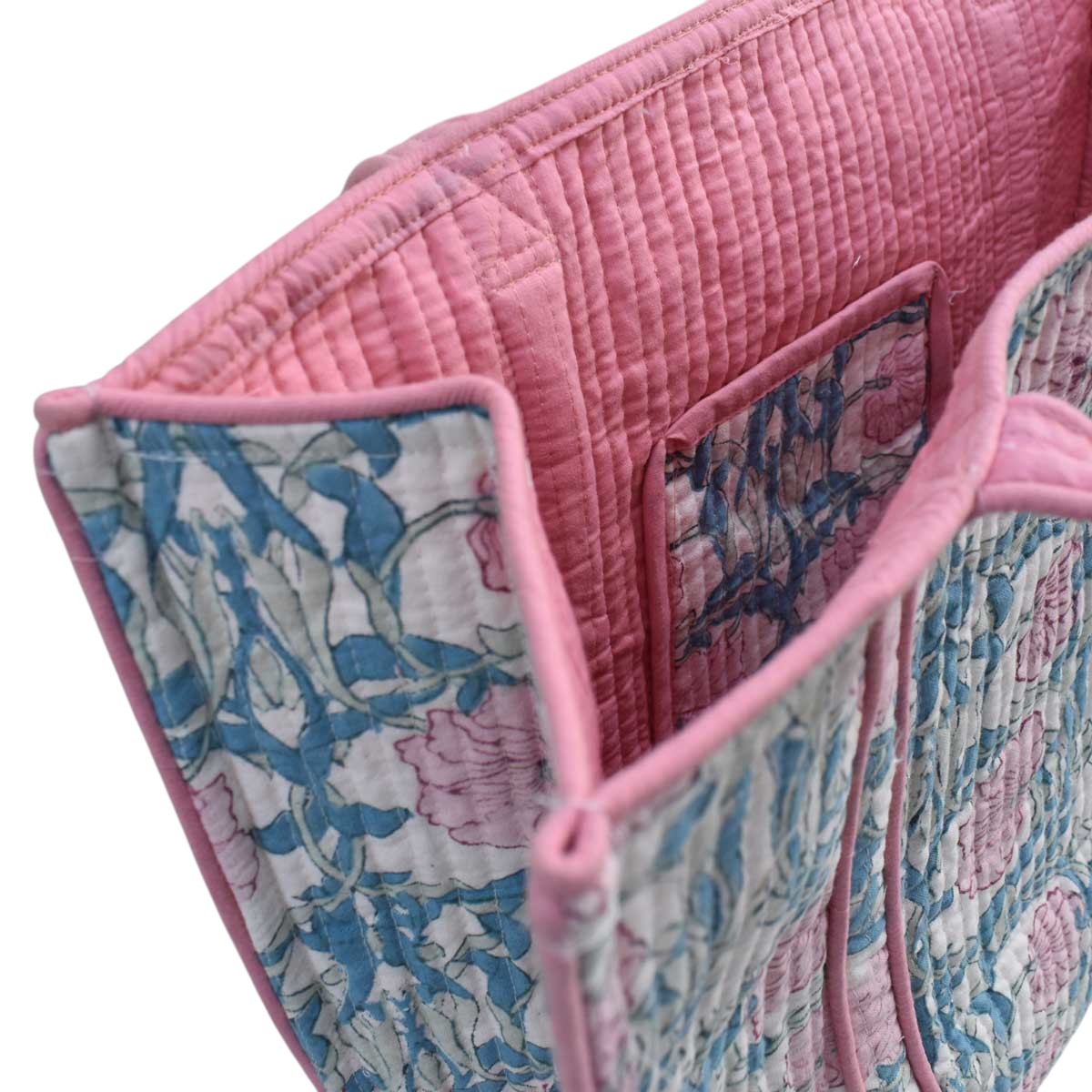 Hand Block Printed Cotton Quilted Tote Bag Bauhaus Pink Flower 601774