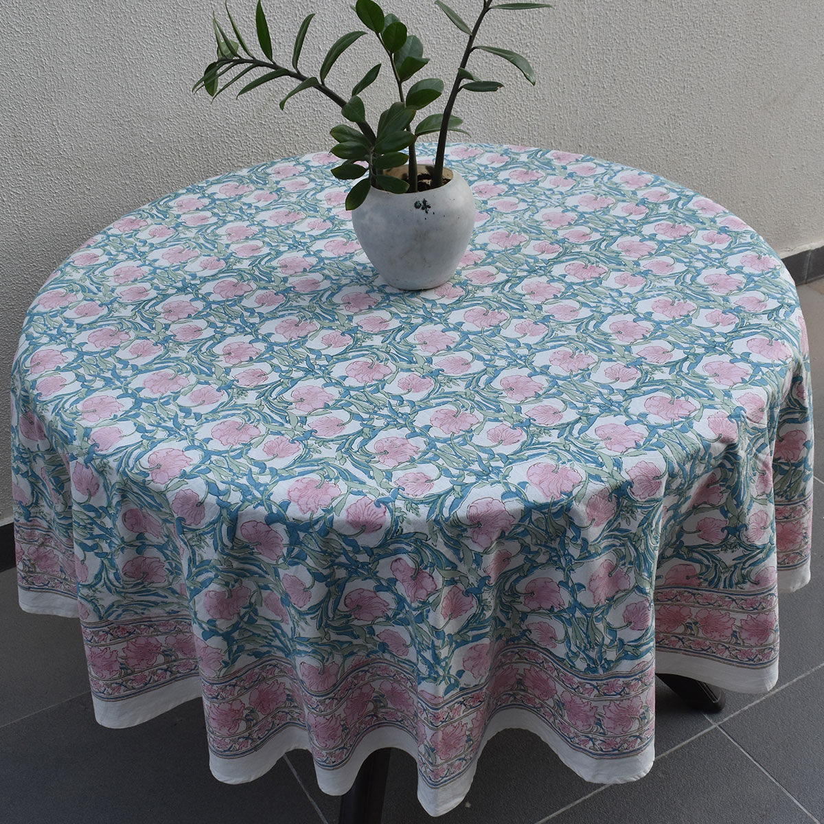 Hand Block Printed Cotton Round Tablecloth 150 cms Bauhaus Pink Flower 601774