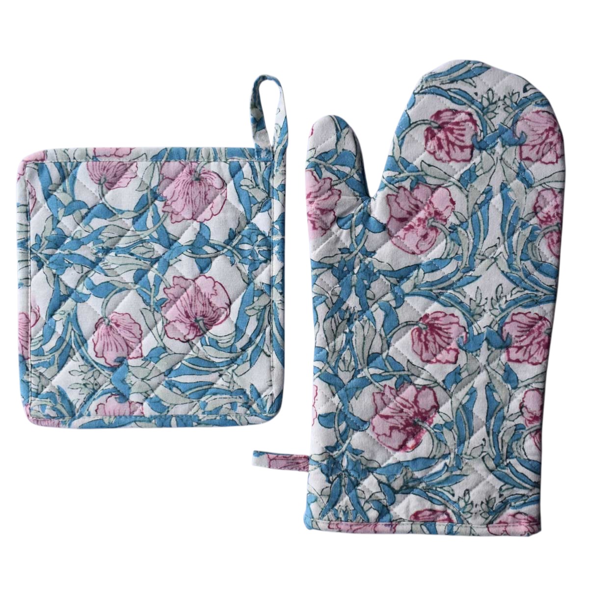 Artisan-Made Hand Block Printed Oven Mitt and Pot Holder Set Bauhaus Pink Flower 601774
