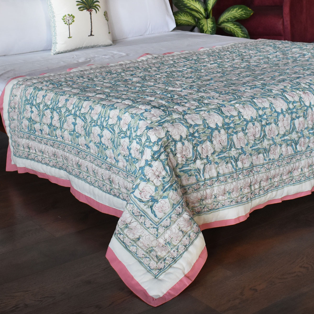 Hand Block Printed Cotton Twin Size Quilt Bauhaus Pink Flower 601774