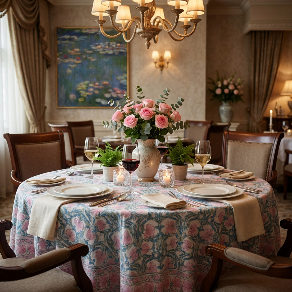 Image of Hand Block Printed Cotton Round Tablecloth 150 cms | Bauhaus Pink Flower 601774