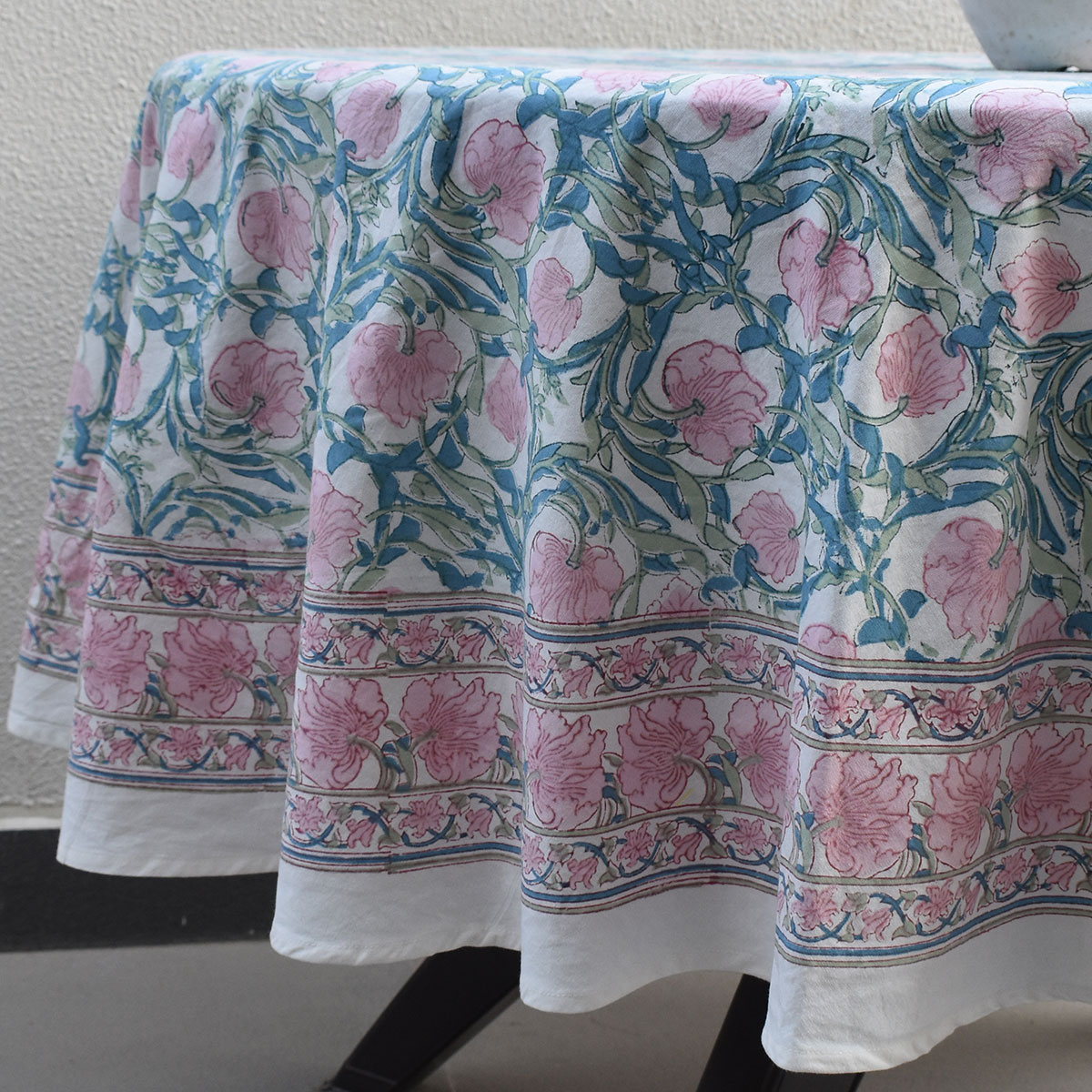 Hand Block Printed Cotton Round Tablecloth 150 cms Bauhaus Pink Flower 601774