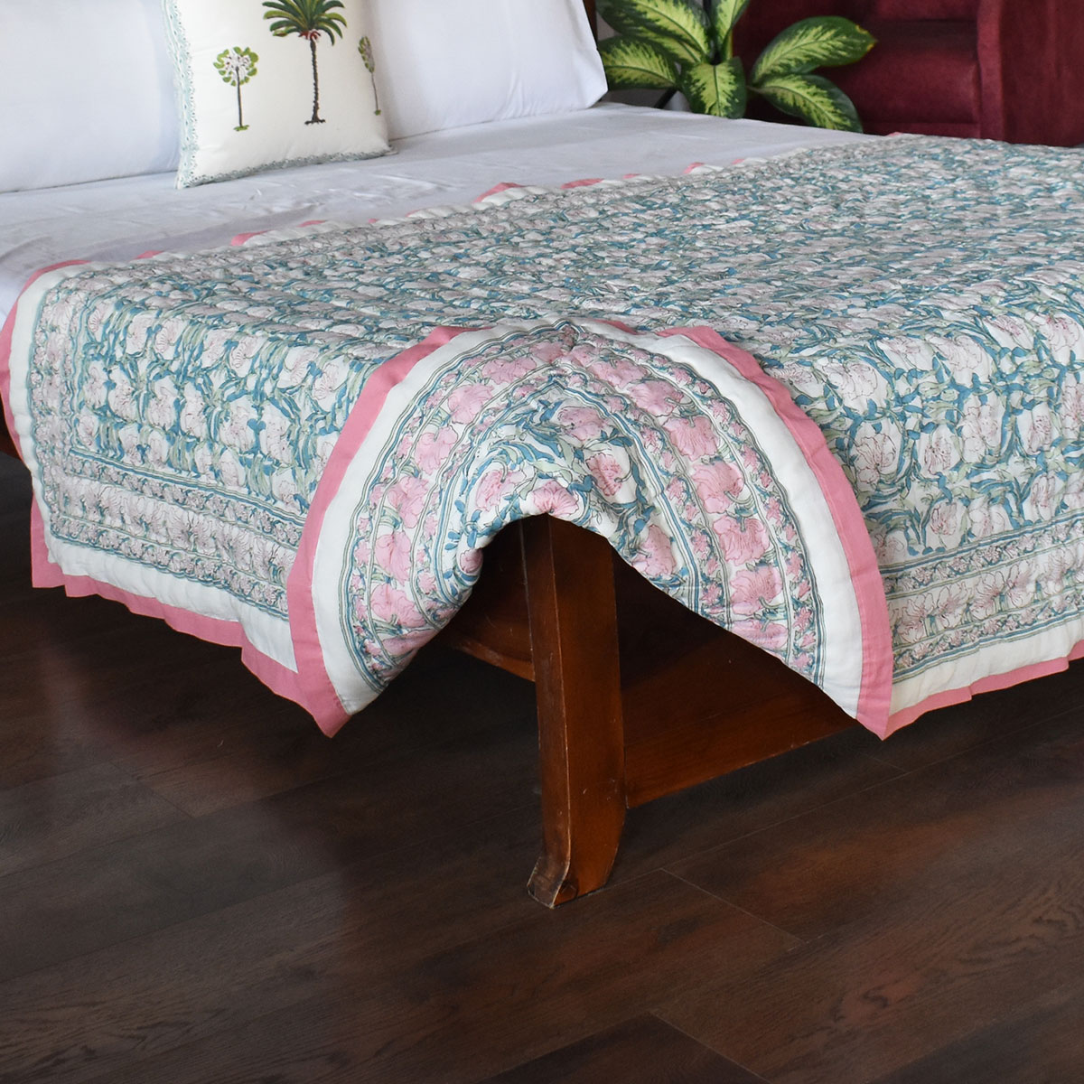 Hand Block Printed Cotton Twin Size Quilt Bauhaus Pink Flower 601774