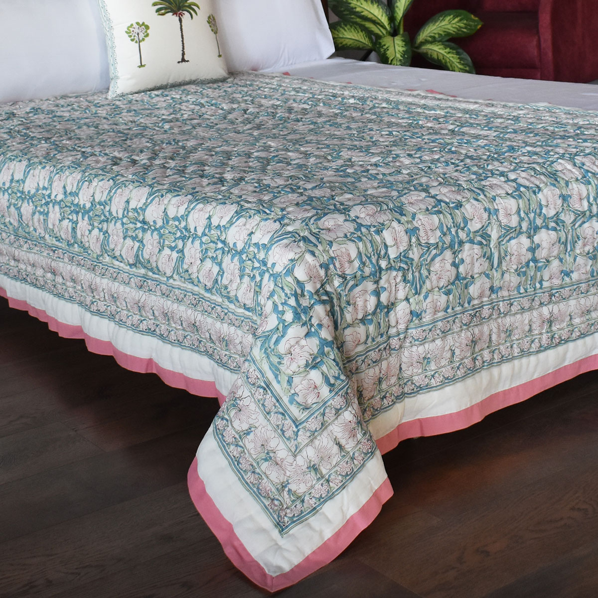 Hand Block Printed Cotton Twin Size Quilt Bauhaus Pink Flower 601774