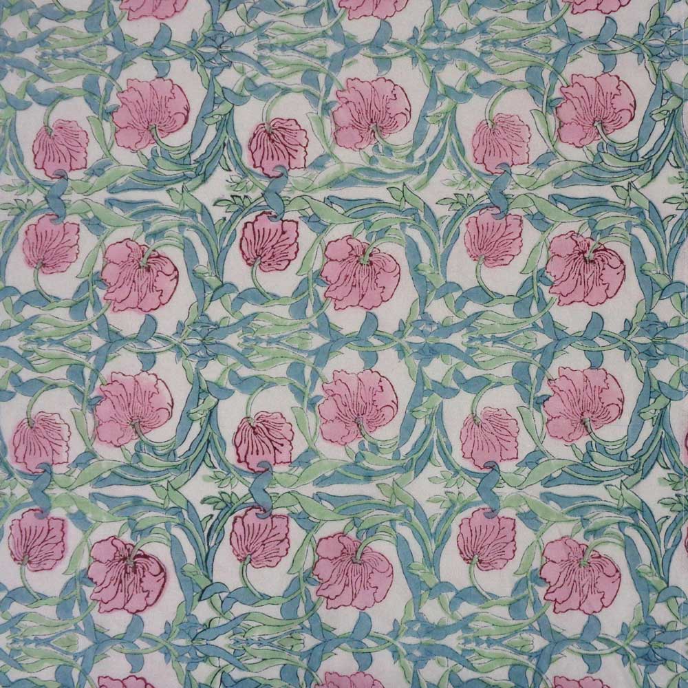 5 Yard Running Fabric Hand Block Printed Cotton Voile Fabric Bauhaus Pink Flower 601774