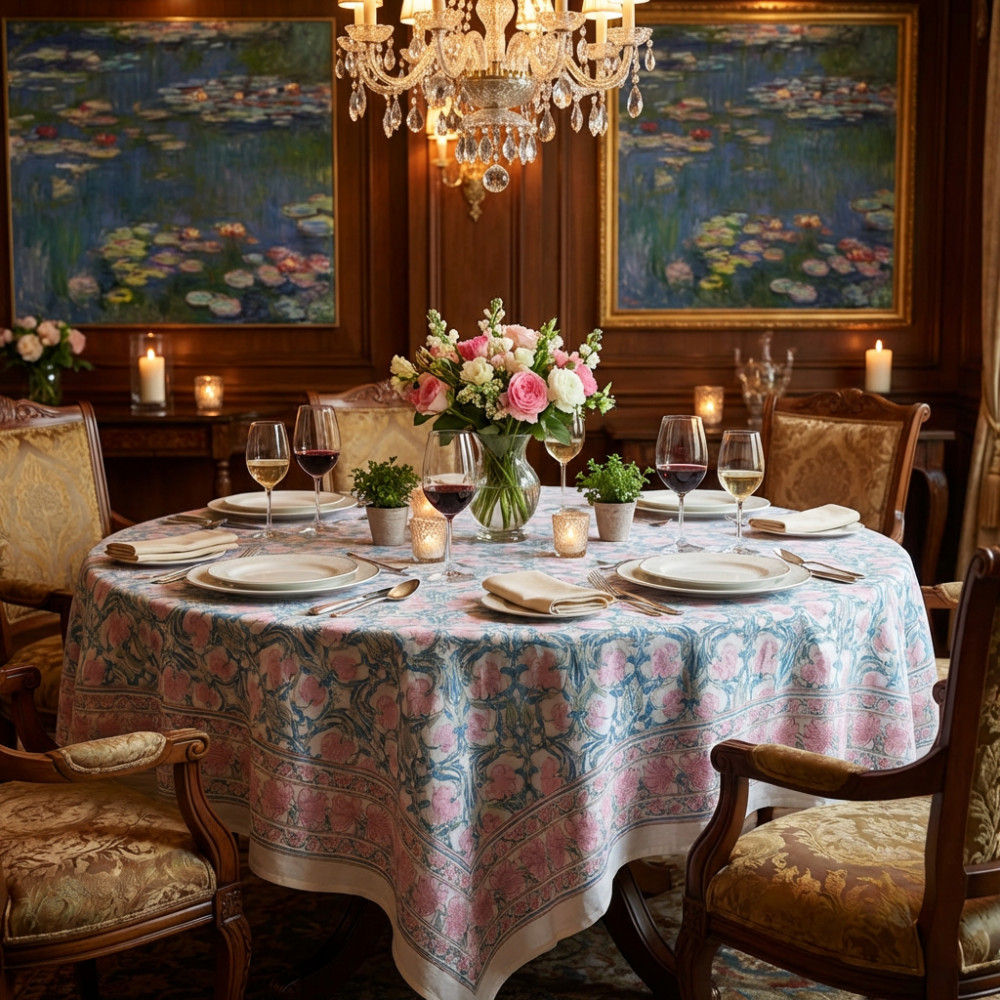 Image of Round  275 cms 100% Cotton Tablecloth | Bauhaus Pink Flower 601774