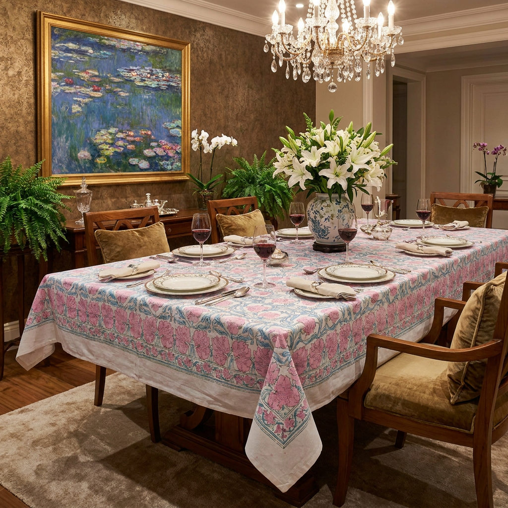 Hand Block Printed Cotton Tablecloth 180x340 cms Bauhaus Pink Flower 601774