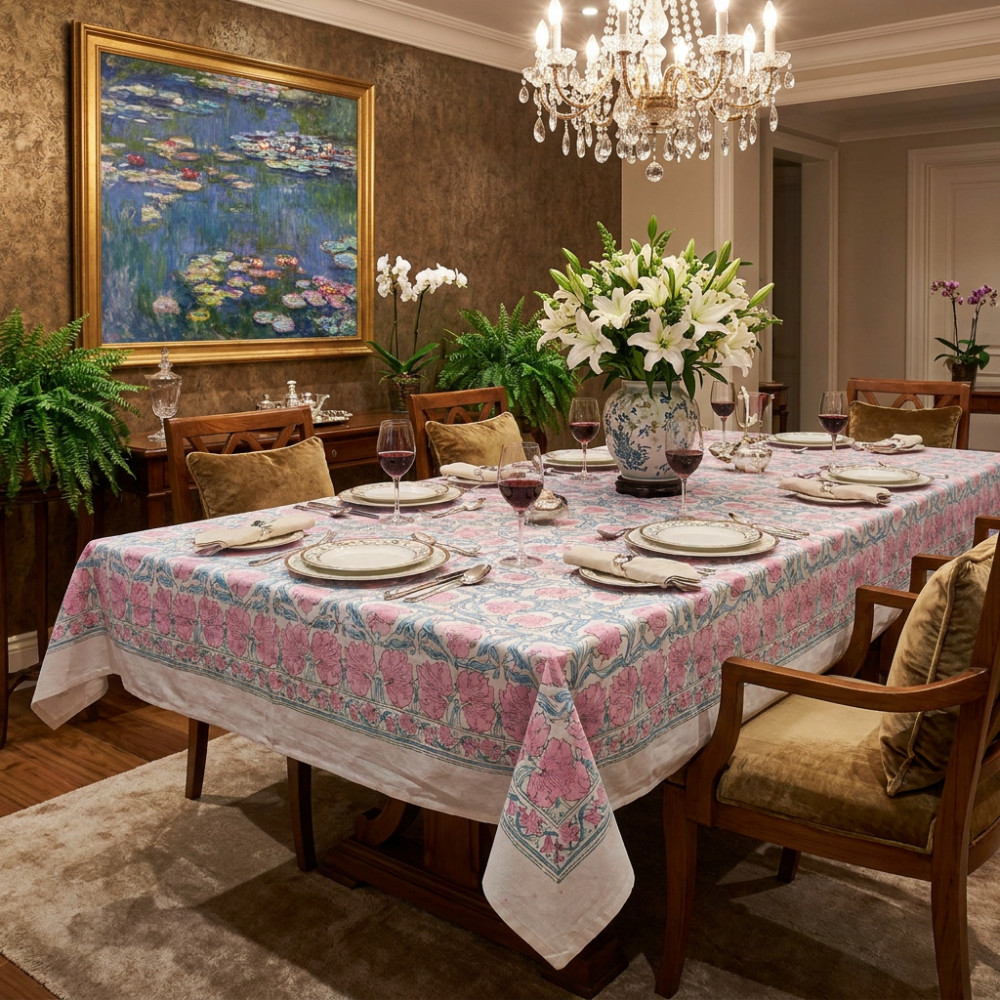 Image of Wood Block Printed Handmade Tablecloth 150x220 cms | Bauhaus Pink Flower 601774