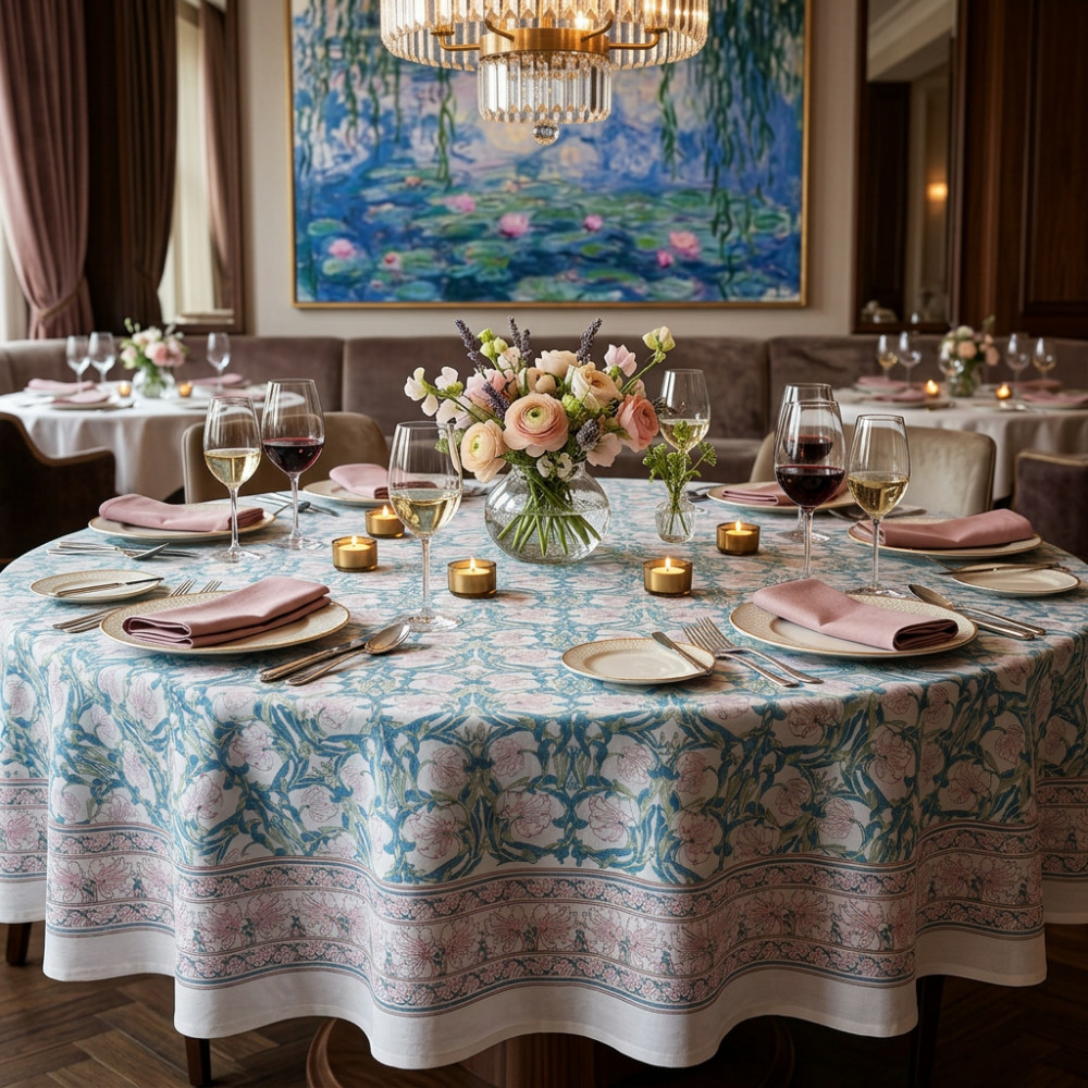 Image of Hand Block Printed Cotton Round Tablecloth 150 cms | Bauhaus-Pink-Open-601781