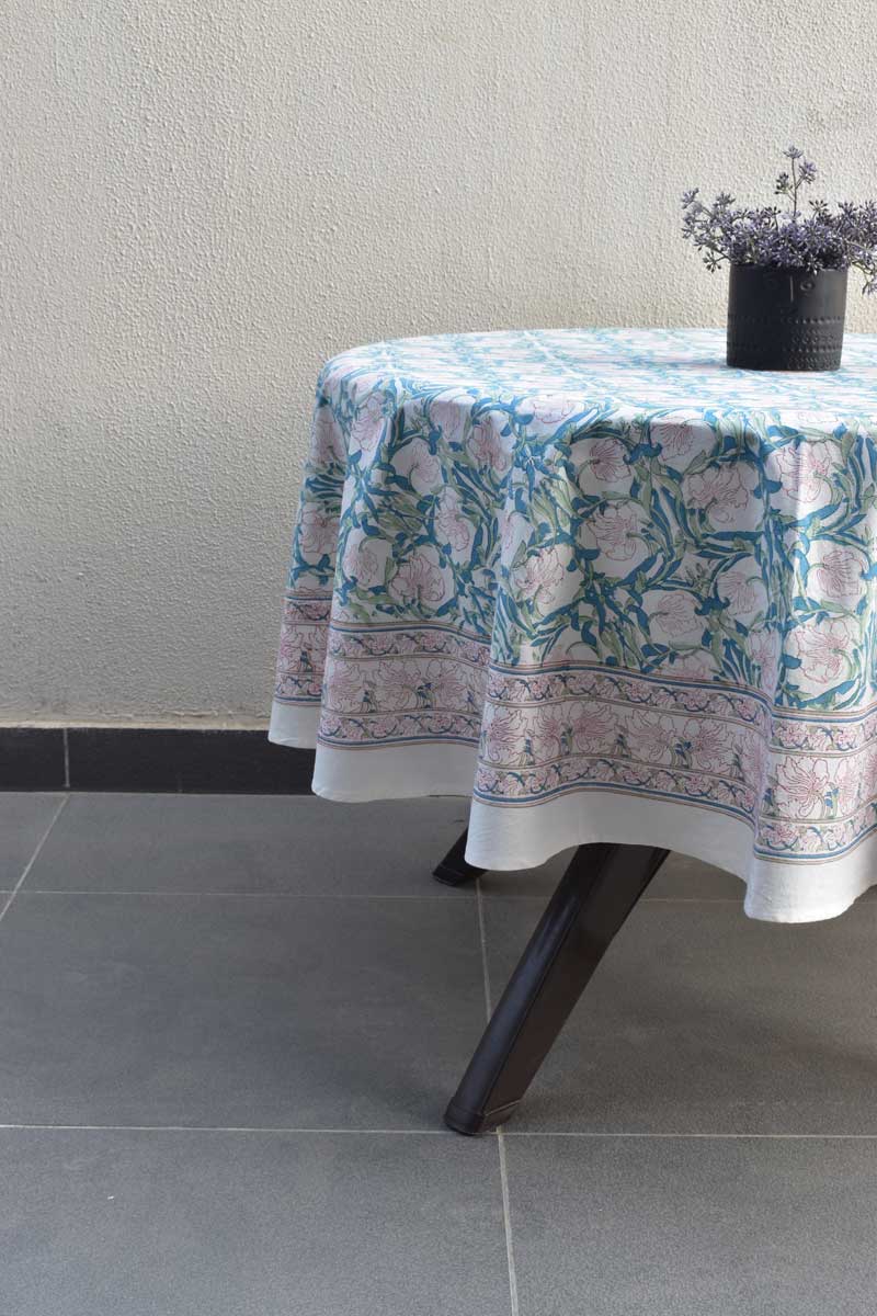 Hand Block Printed Cotton Round Tablecloth 150 cms Bauhaus-Pink-Open-601781