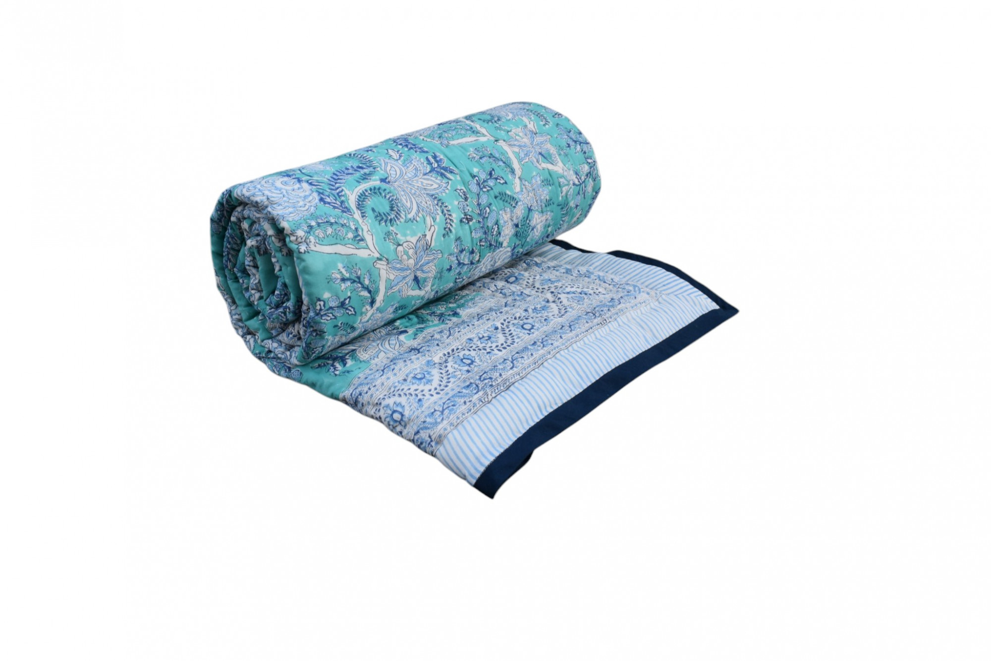 Hand Block Printed Cotton Twin Size Quilt Bela Bristol Blue 601091