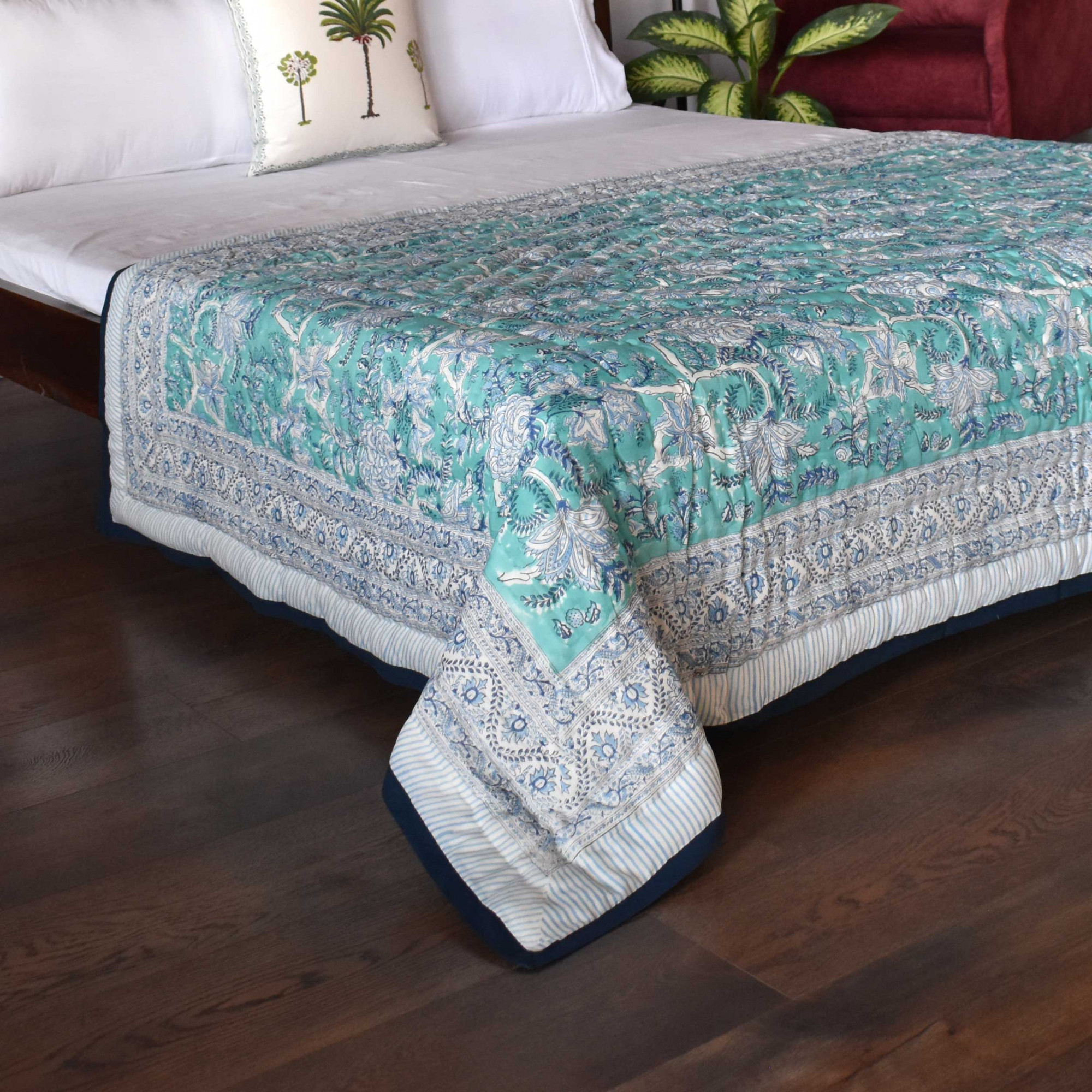Hand Block Printed Cotton Twin Size Quilt  Bela Bristol Blue 601091