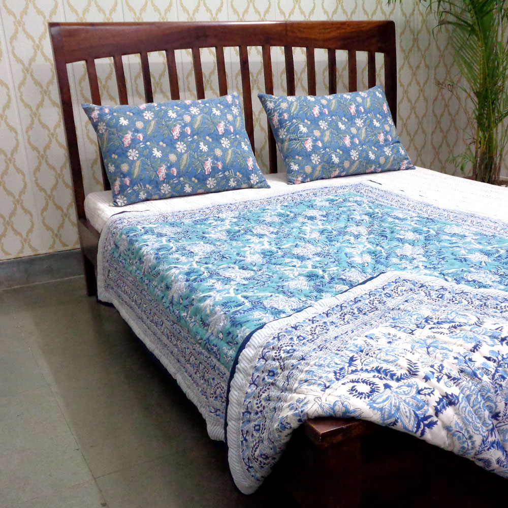Hand Block Printed Cotton Twin Size Quilt Bela Bristol Blue 601091