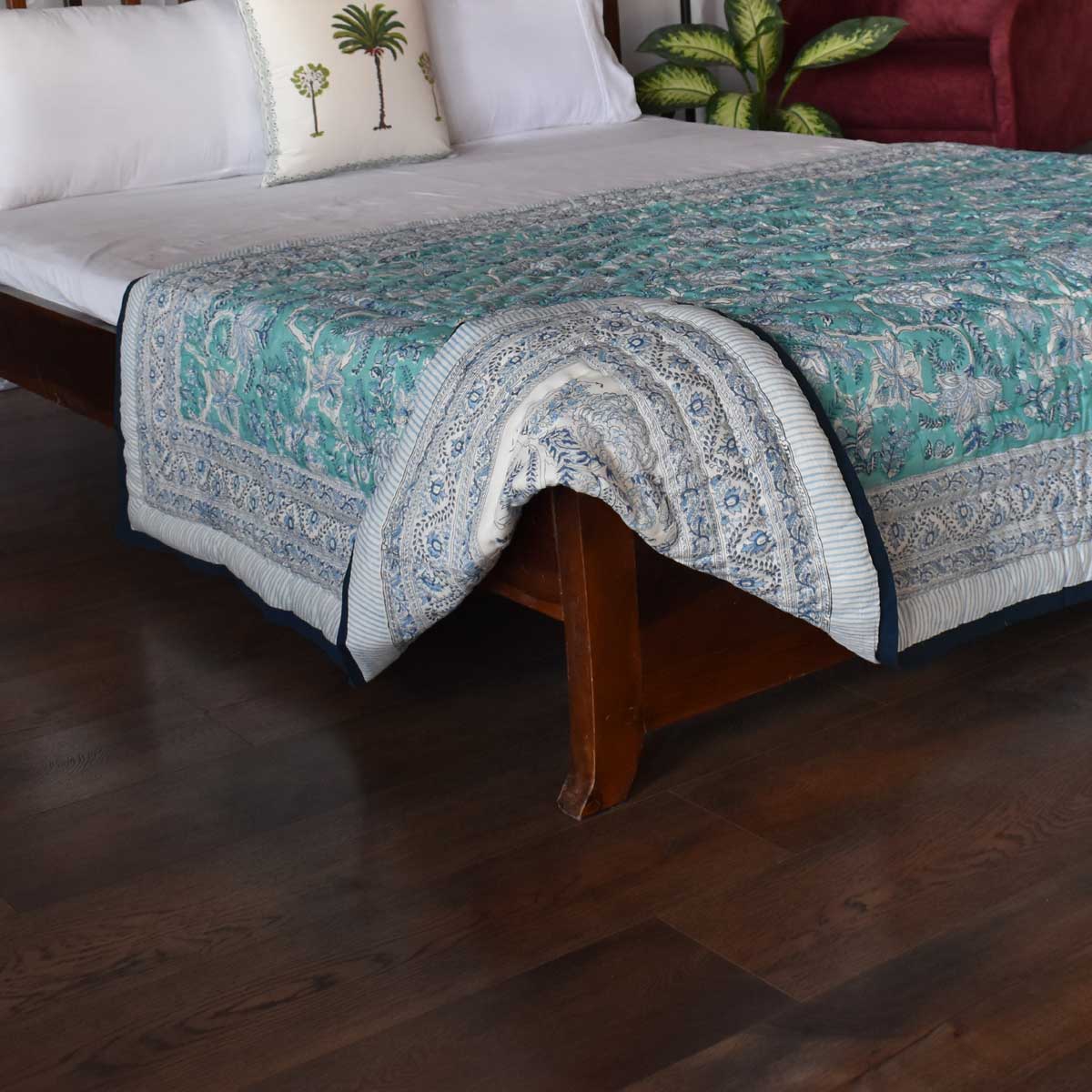 Hand Block Printed Cotton Twin Size Quilt  Bela Bristol Blue 601091