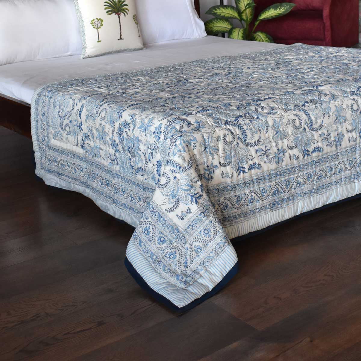 Hand Block Printed Cotton Twin Size Quilt  Bela Bristol Blue 601091