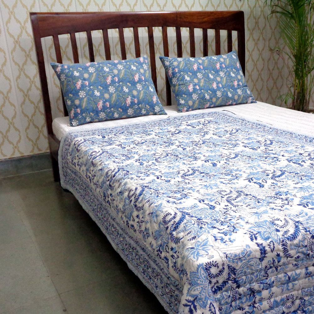 Hand Block Printed Cotton Twin Size Quilt  Bela Bristol Blue 601091
