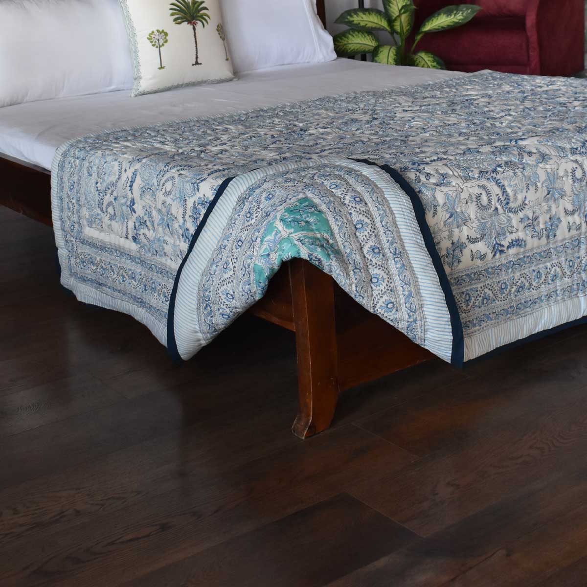 Hand Block Printed Cotton Twin Size Quilt Bela Bristol Blue 601091