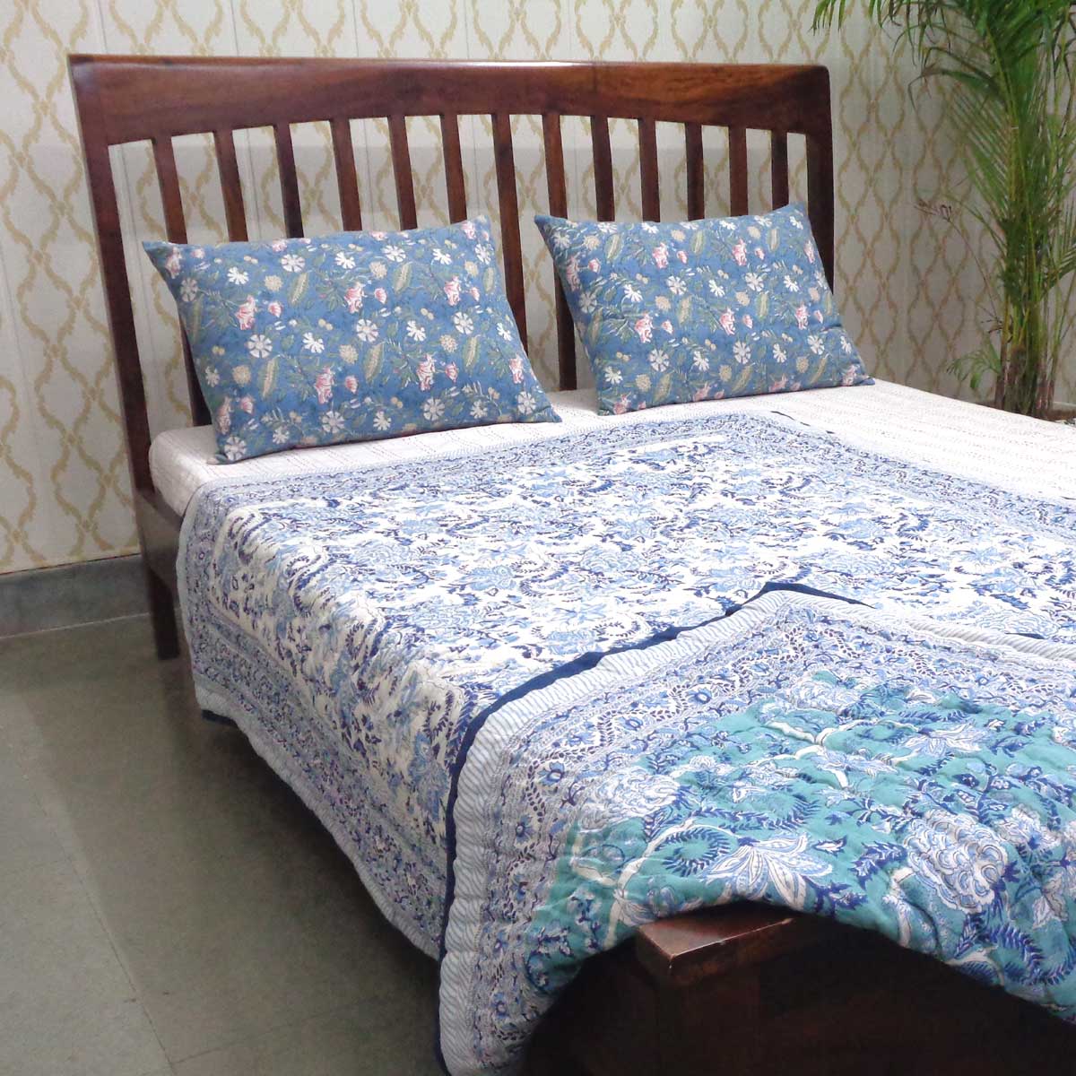 Hand Block Printed Cotton Twin Size Quilt  Bela Bristol Blue 601091