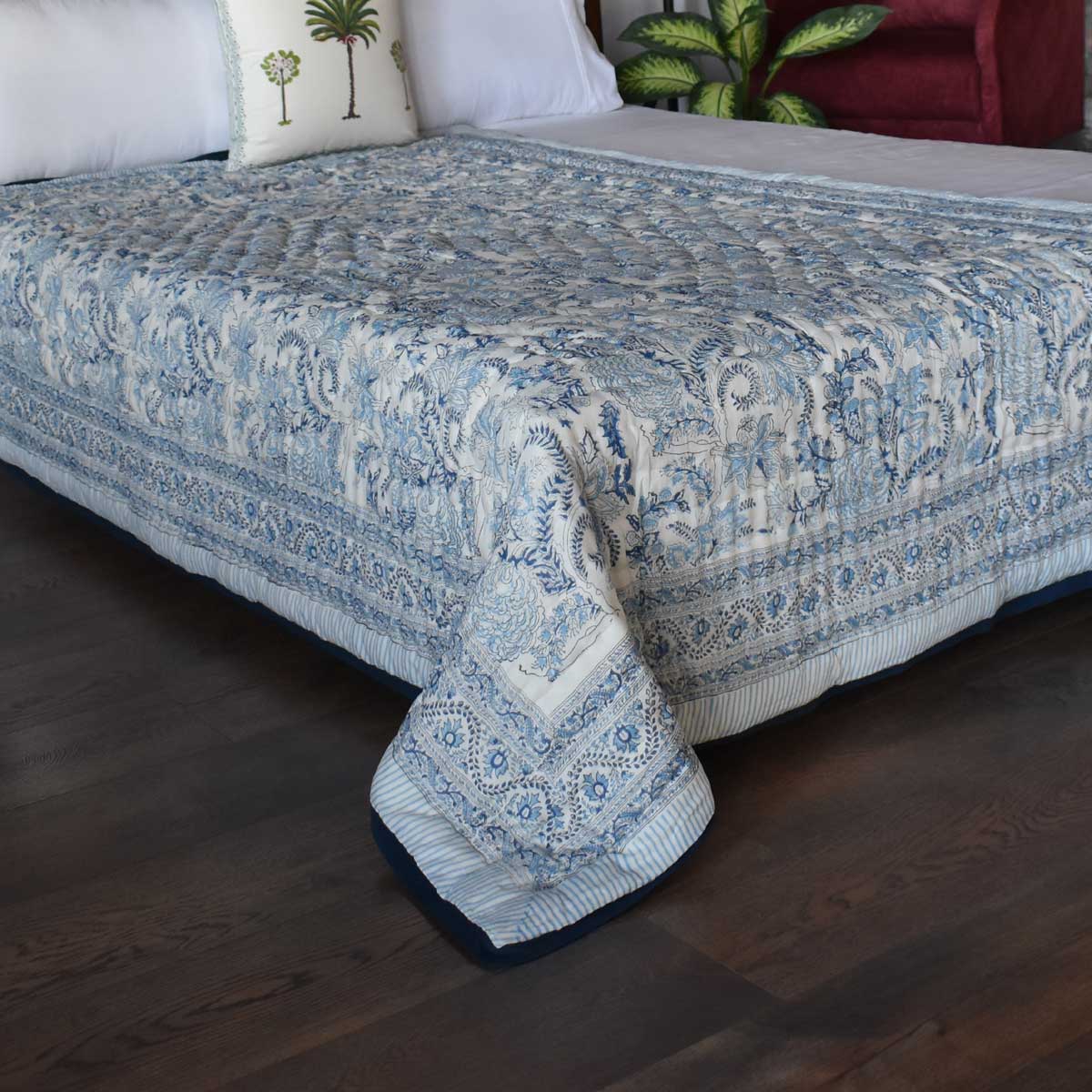 Hand Block Printed Cotton Twin Size Quilt  Bela Bristol Blue 601091