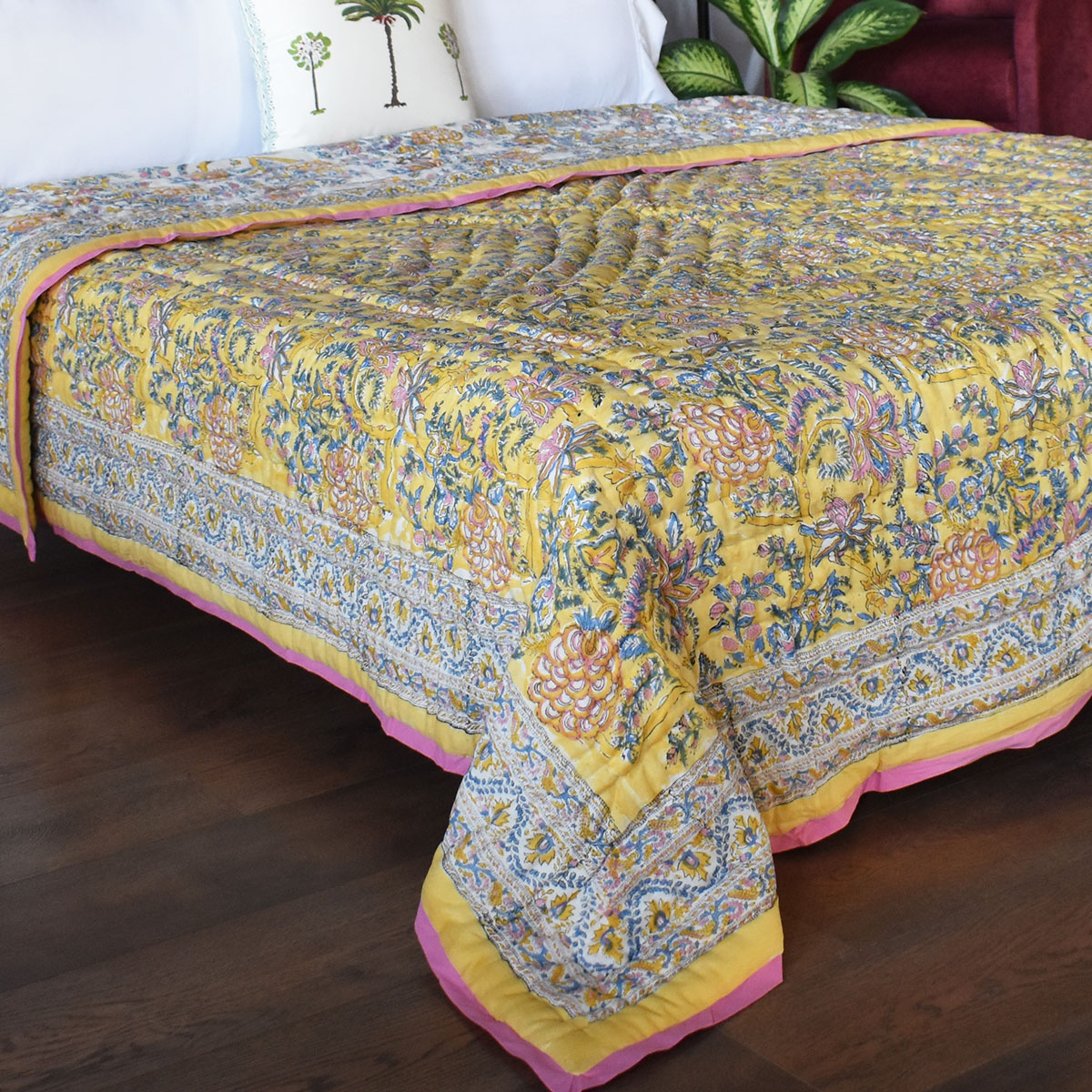 Hand Block Printed Cotton Queen Size Quilt Bela Lime 906220