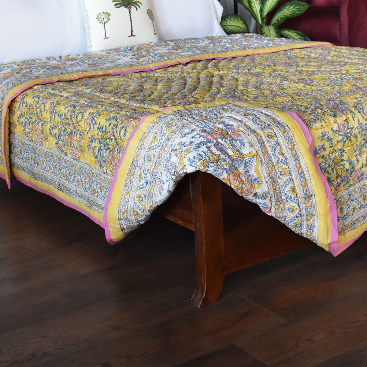 Hand Block Printed Cotton Queen Size Quilt Bela Lime 906220