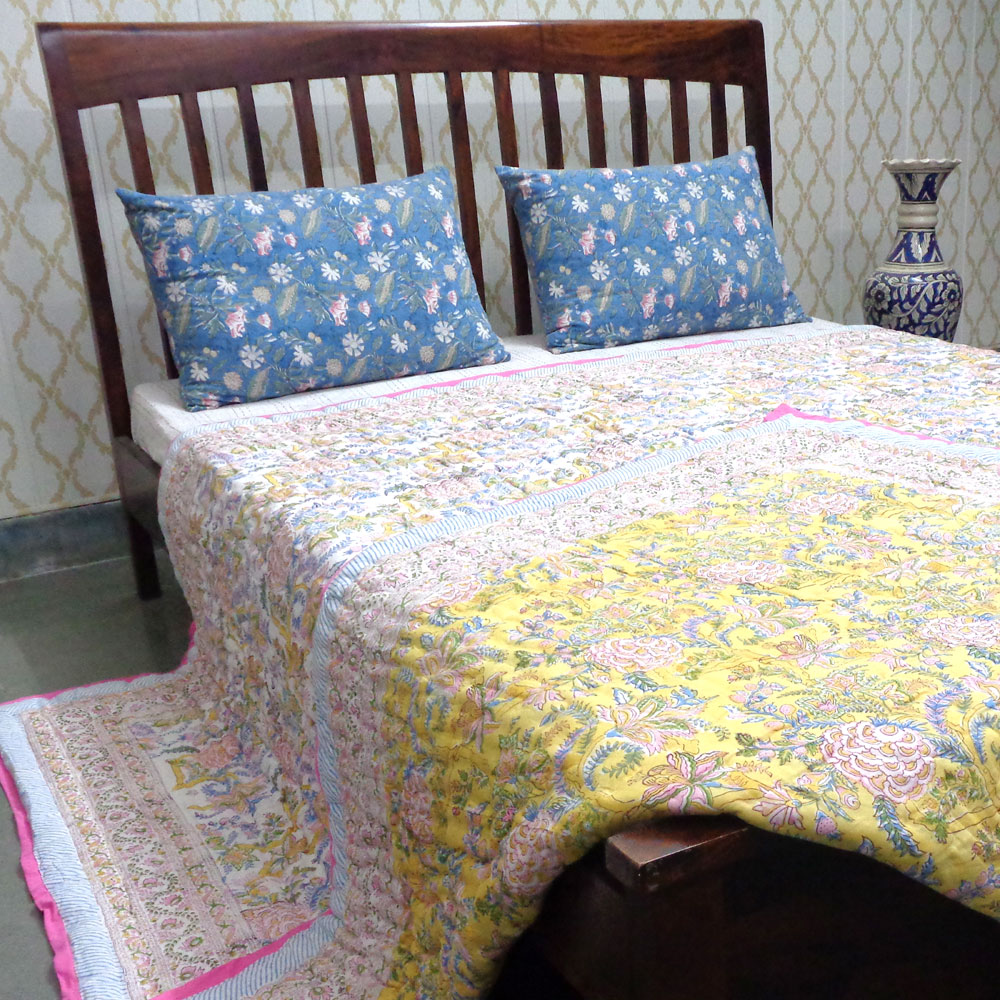 Hand Block Printed Cotton Quilt King Size Bela Lime 906220
