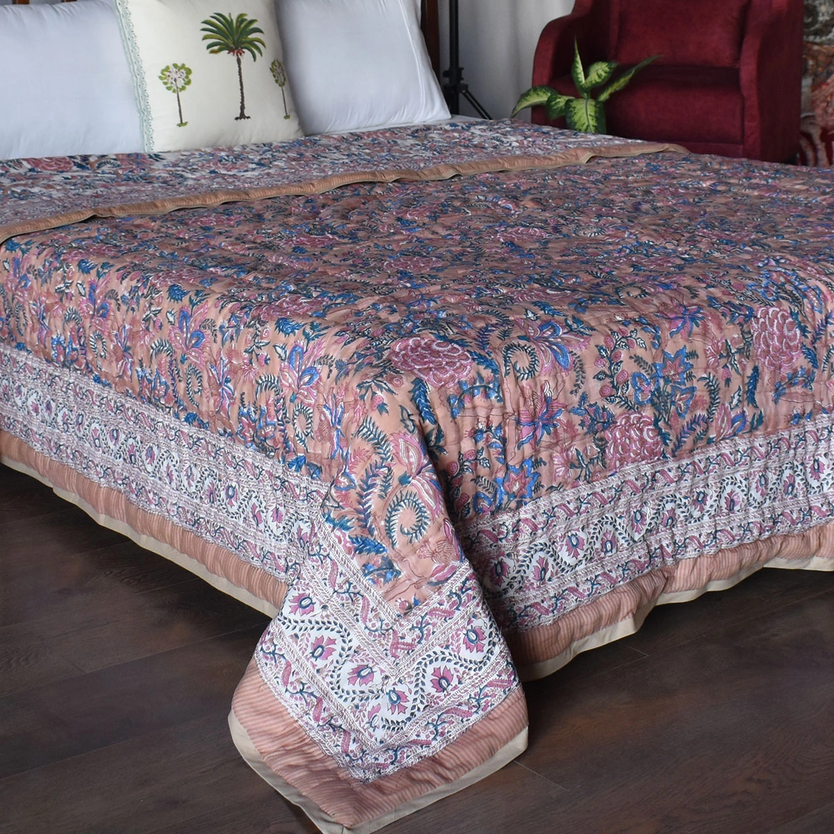 Hand Block Printed Cotton Quilt King Size Bela Maroon 303588
