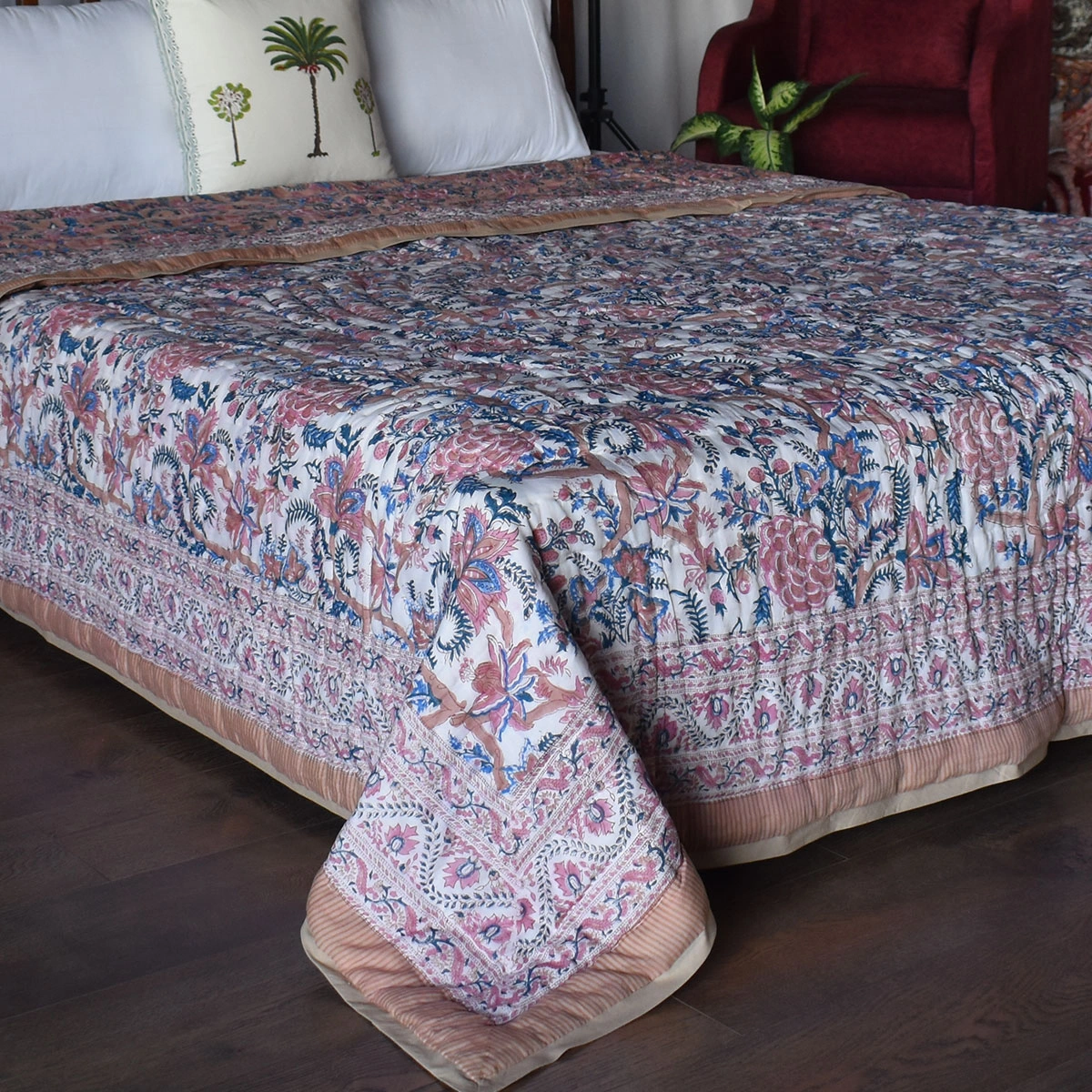 Hand Block Printed Cotton Quilt King Size Bela Maroon 303588