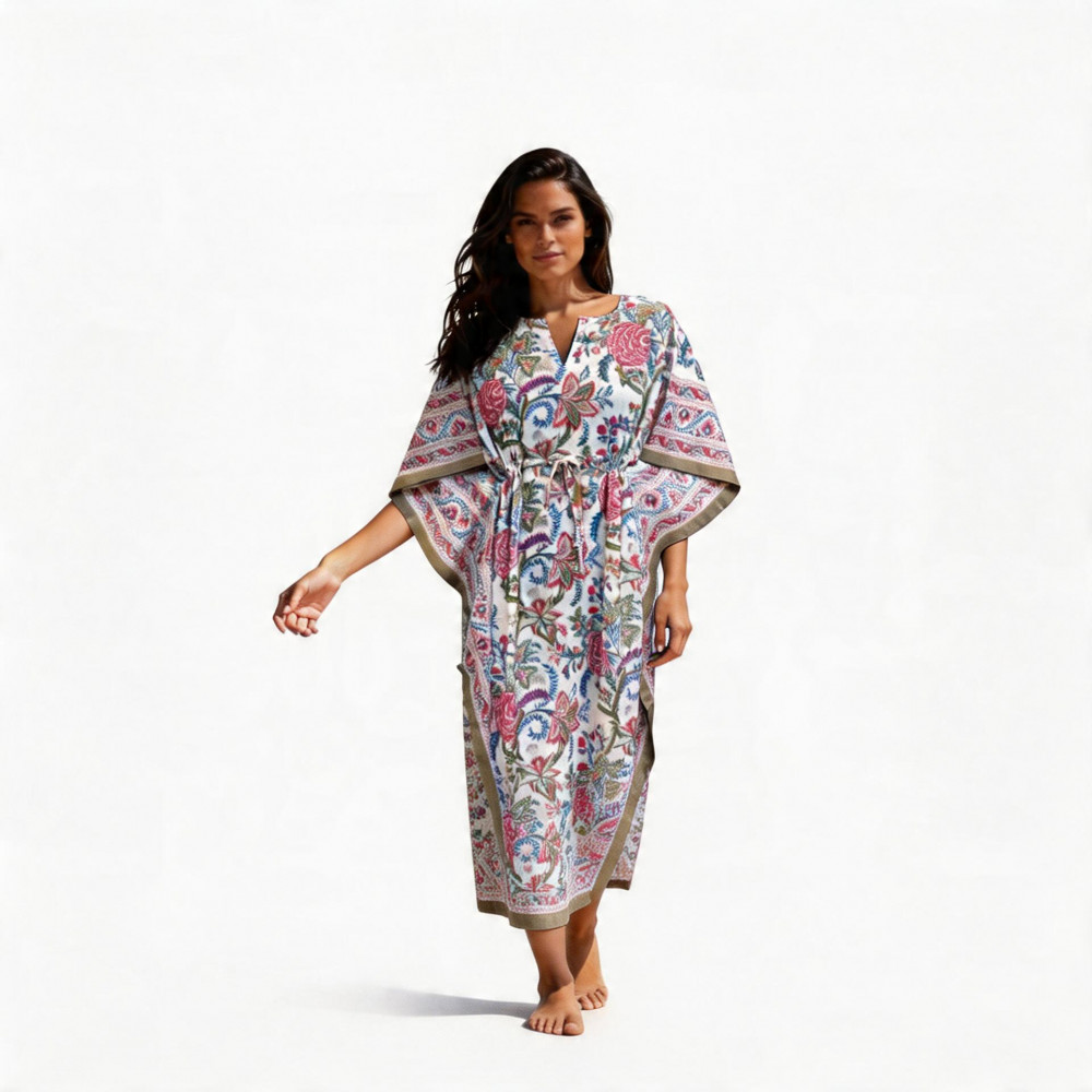 Image of Long Size Kaftan Free Size Indian Block-Printed Loungewear in Soft Cotton Voile | Bela Maroon Open 103580