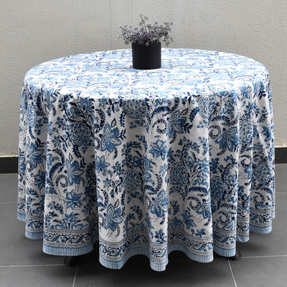 Image of Hand Block Printed Cotton Round Tablecloth 180 cms | Bela Palace Blue 601088
