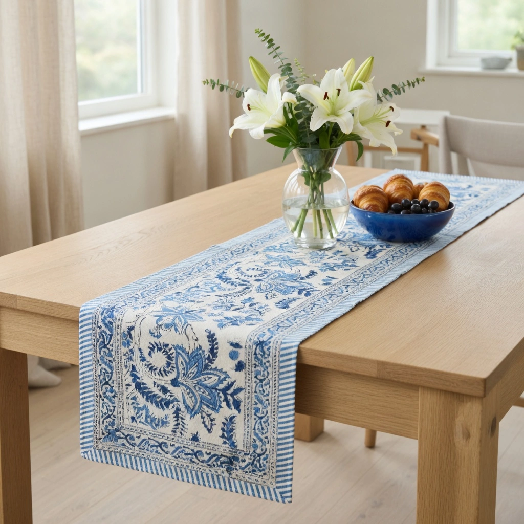 Hand Block Printed Cotton Canvas Table Runner 33x170 cms Bela Palace Blue 601088