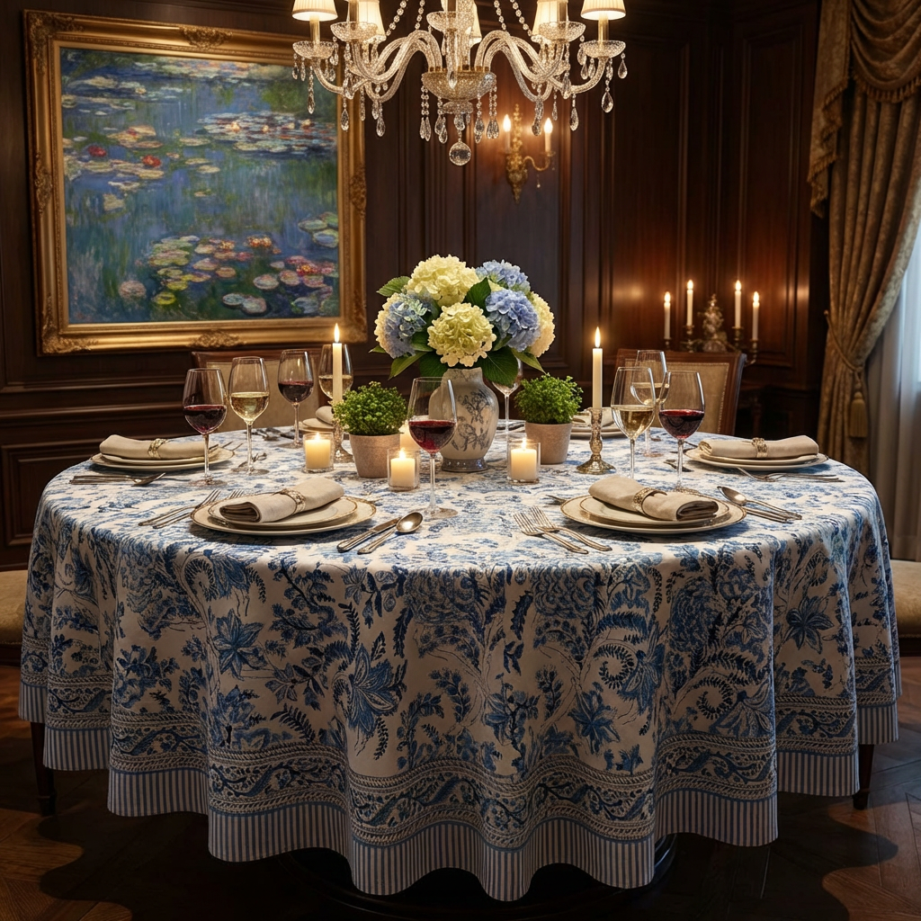 Hand Block Printed Cotton Round Tablecloth 275 cms Bela Palace Blue 601088
