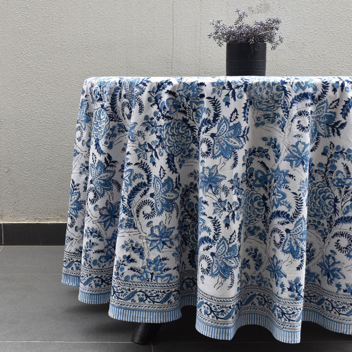 Hand Block Printed Cotton Round Tablecloth 180 cms Bela Palace Blue 601088