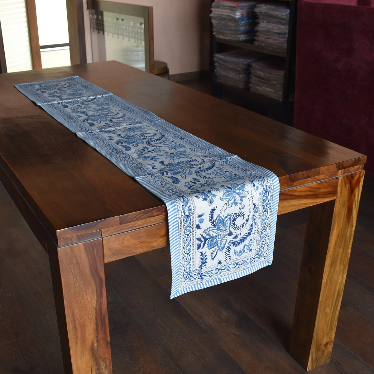 Hand Block Printed Cotton Canvas Table Runner 33x170 cms Bela Palace Blue 601088