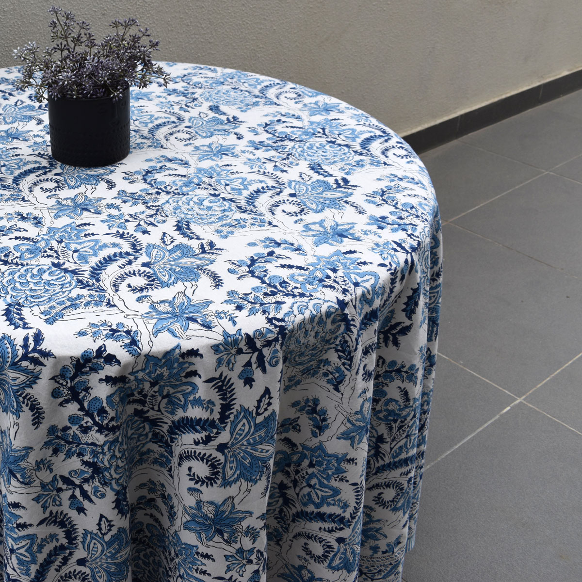 Hand Block Printed Cotton Round Tablecloth 180 cms Bela Palace Blue 601088