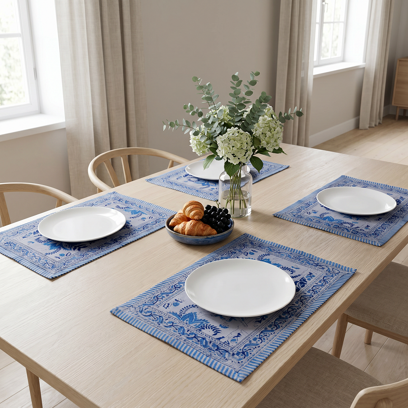 Hand Block Printed Cotton Canvas Table Mat 32x48 cms Set of 2 Table mats Bela Palace Blue 601088