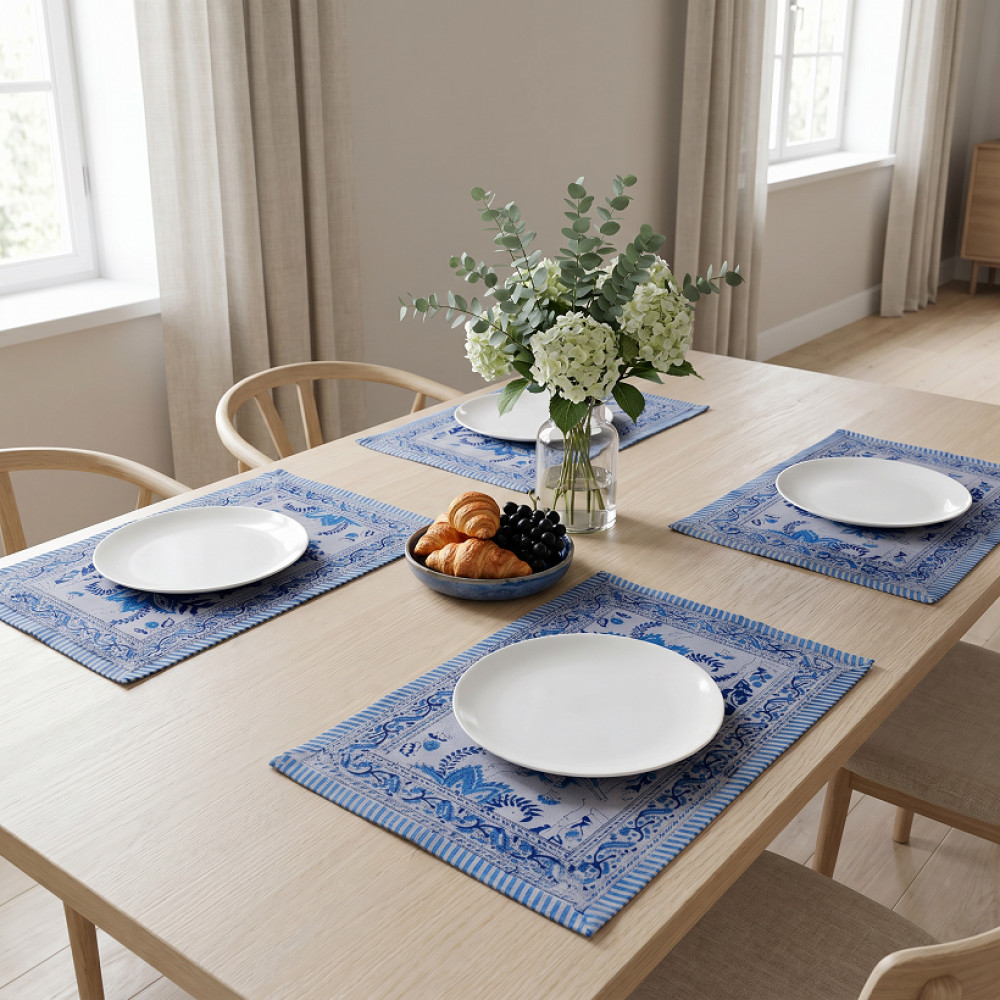 Image of Hand Block Printed Cotton Canvas Table Mat 32x48 cms (Set of 2 Table mats) | Bela Palace Blue 601088