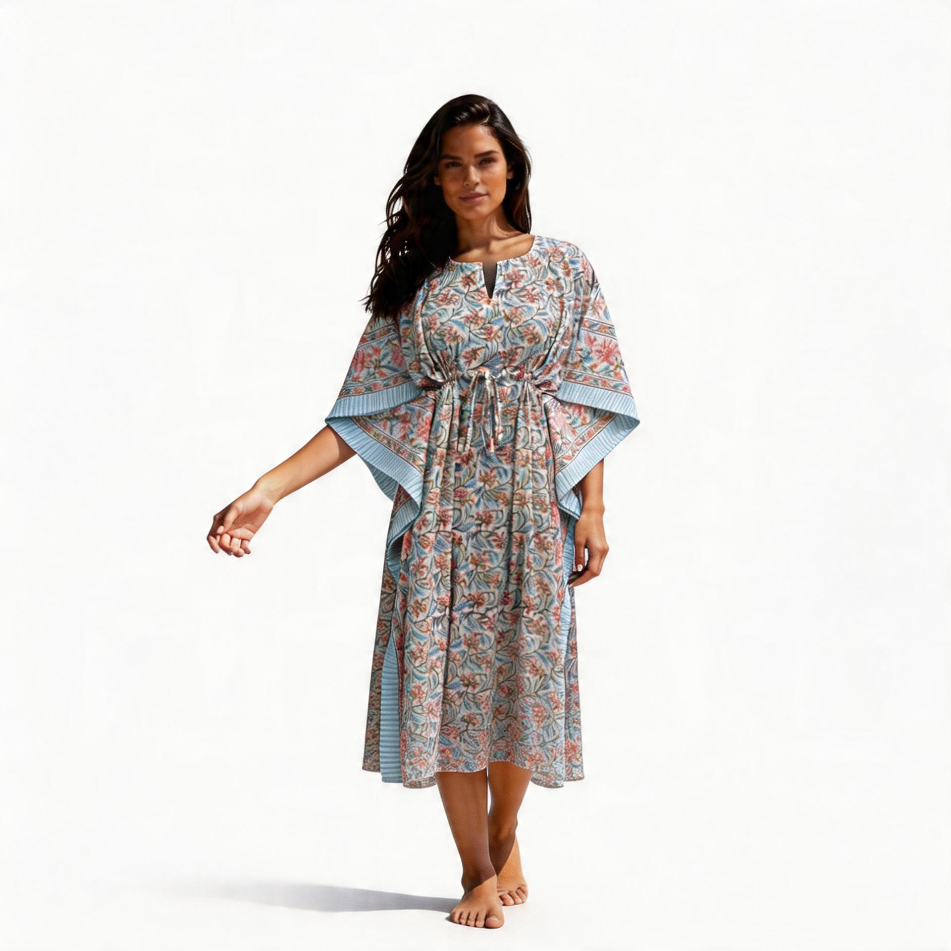 Long Size Kaftan Free Size Indian Block-Printed Loungewear in Soft Cotton Voile Berry Pink 106128