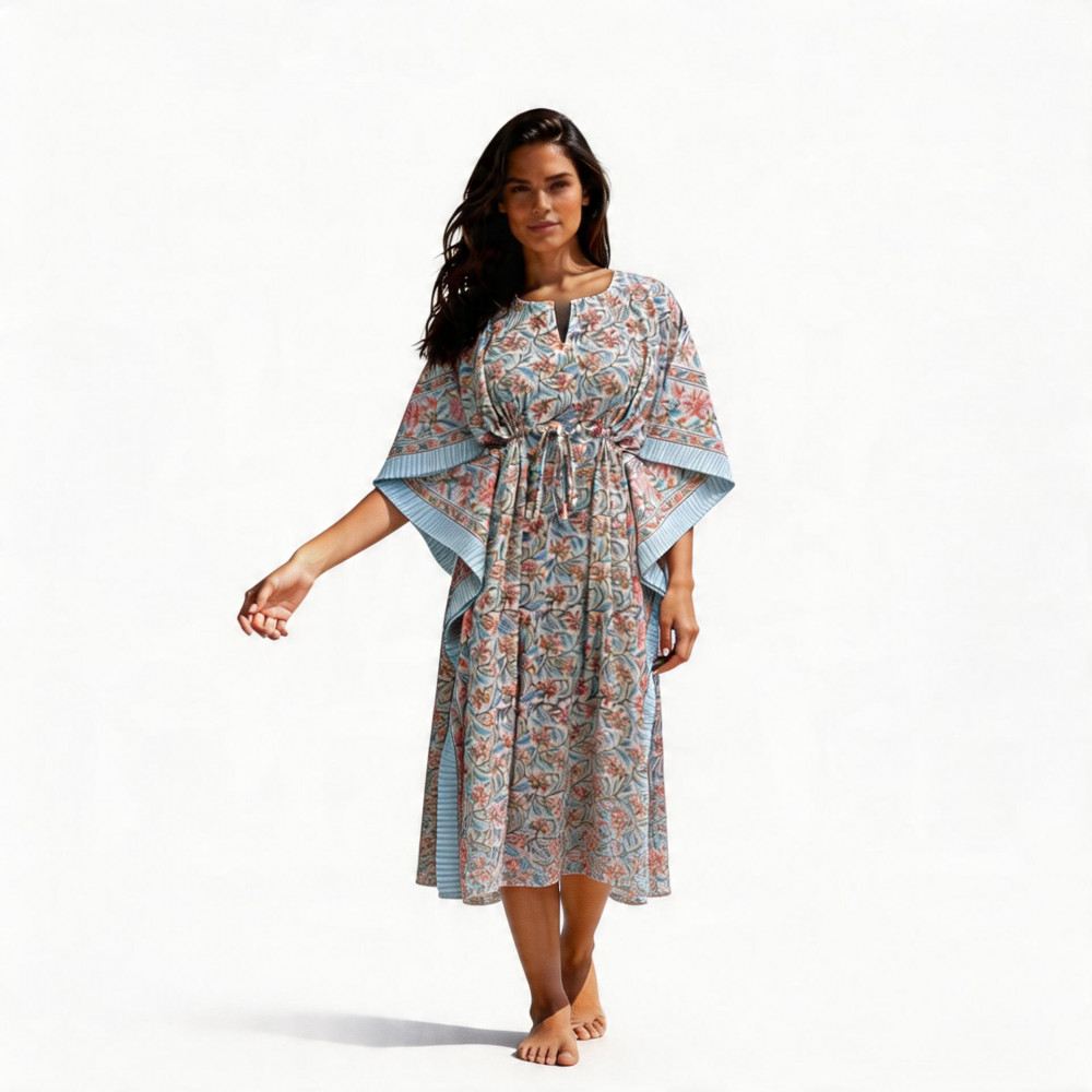 Image of Long Size Kaftan Free Size Indian Block-Printed Loungewear in Soft Cotton Voile | Berry Pink 106128
