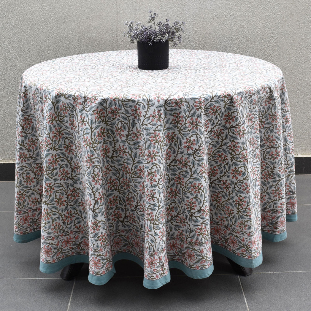 Image of Hand Block Printed Cotton Round Tablecloth 180 cms | Berry Pink 106128
