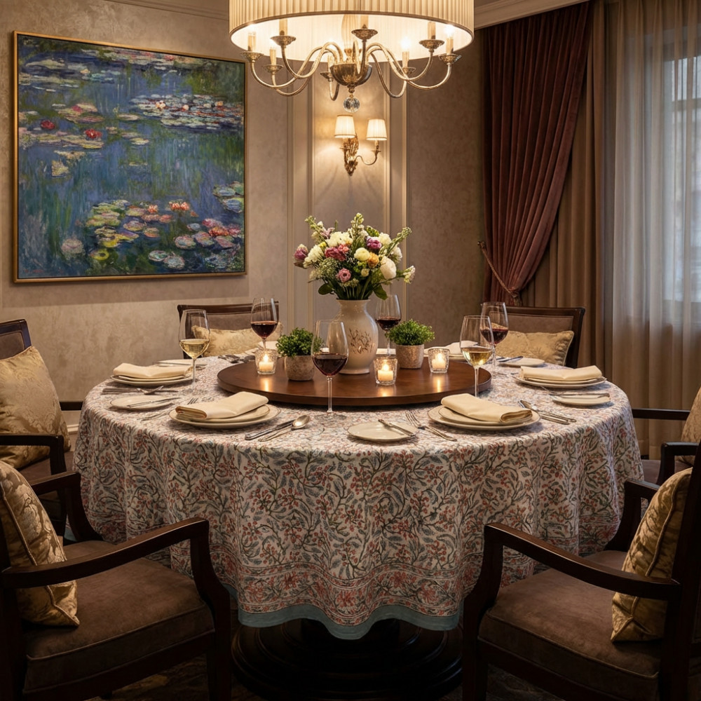 Image of Hand Block Printed Cotton Round Tablecloth 220 cms | Berry Pink 106128