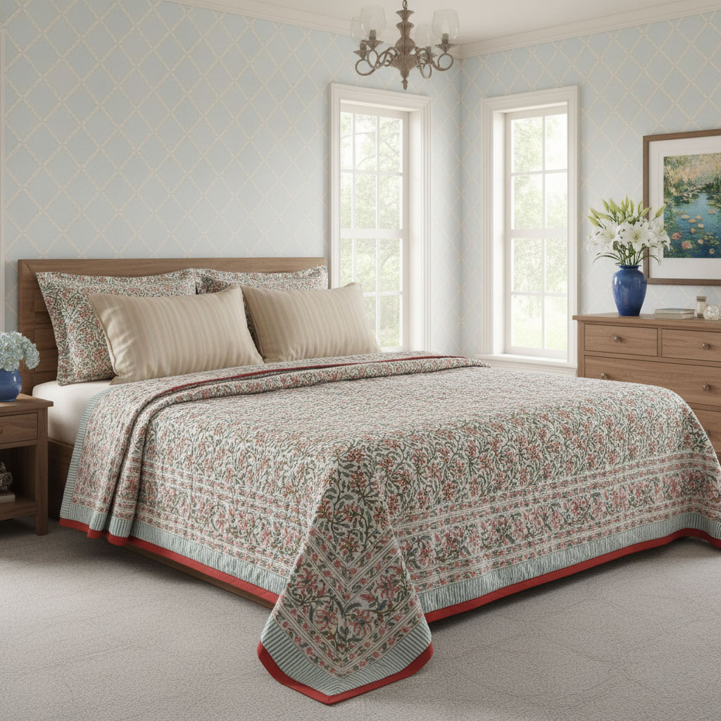 Hand Block Printed Cotton Queen Size Quilt Berry Pink 106128