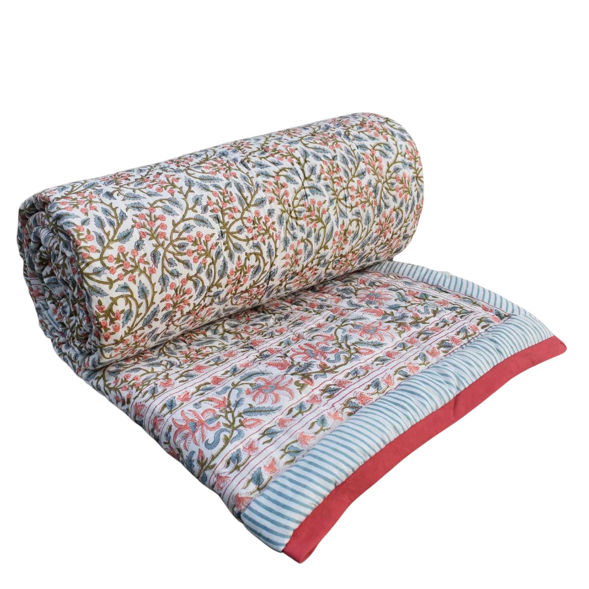 Hand Block Printed Cotton Queen Size Quilt Berry Pink 106128