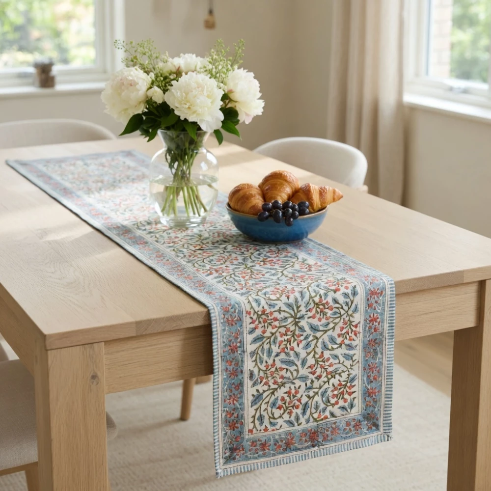 Image of Hand Block Printed Cotton Canvas Table Runner 33x170 cms | Berry Pink 106128