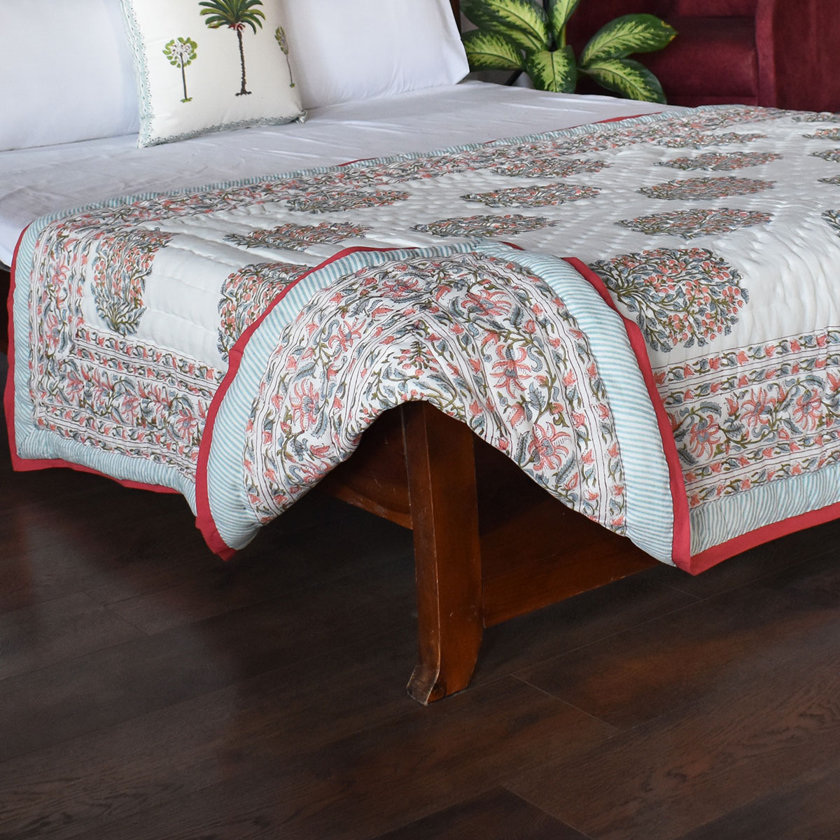 Hand Block Printed Cotton Twin Size Quilt Berry Pink 106128