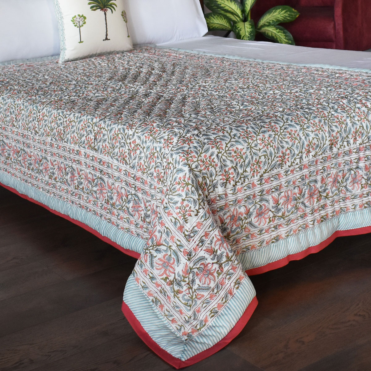 Hand Block Printed Cotton Twin Size Quilt Berry Pink 106128